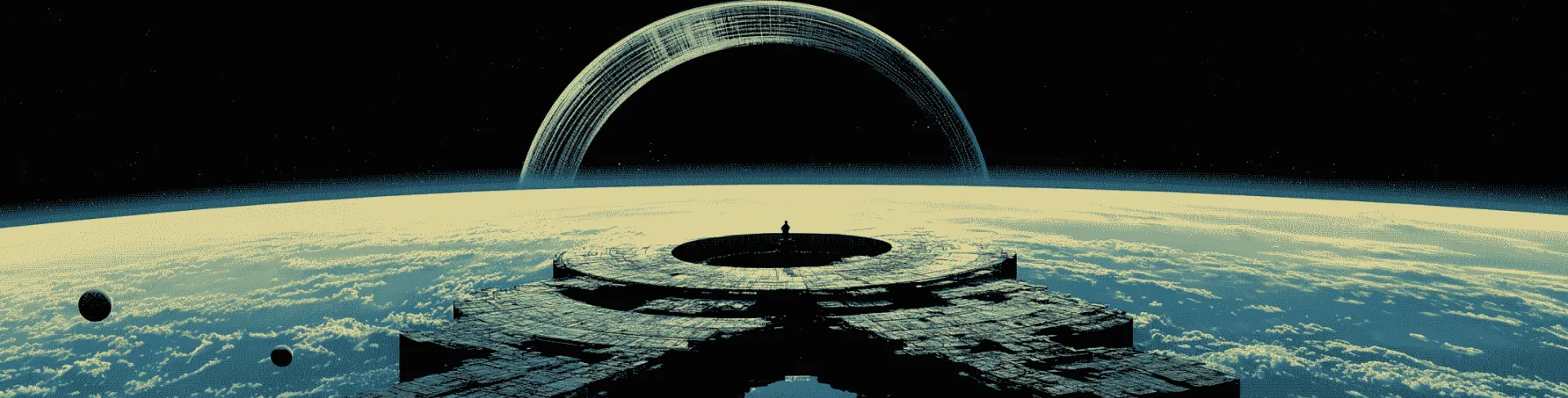 A human on the edge of a space structure observes a giant ring rising above a massive planet below it.